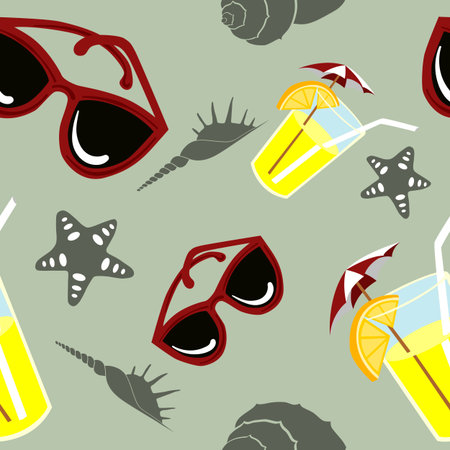 Seamless vector summertime pattern with sunglasses and exotic drink and shells