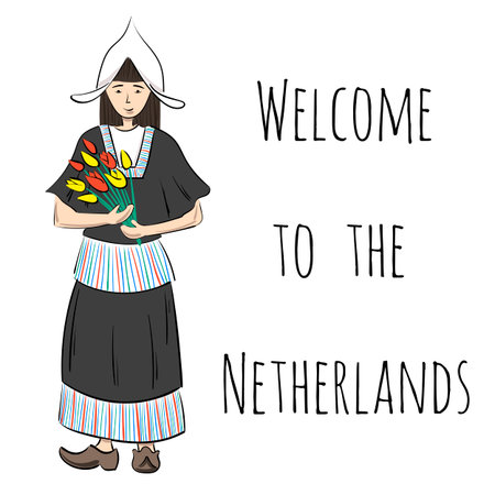 Welcome to the Netherlands vector card with a girl in national dress with tulips on itのイラスト素材