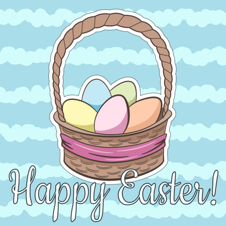 Vintage pastel Easter card with basket of colored eggs in vectorのイラスト素材