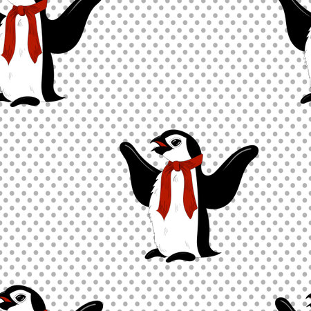 Vector seamless winter christmas penguins in red scarf patternのイラスト素材