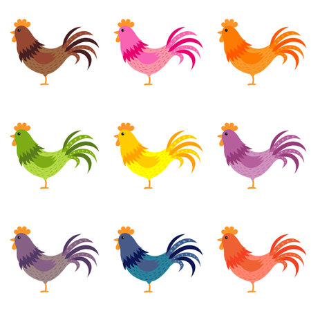Seamless pattern with different colors cock in white backgroundのイラスト素材