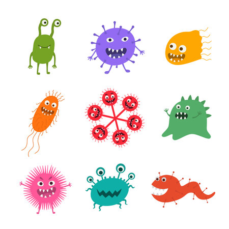 Cartoon virus character vector illustration. Cute fly germ virus infection vector.のイラスト素材