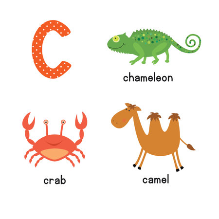Cute children zoo alphabet C letter tracing of funny animal cartoon for kids learning English vocabulary.のイラスト素材