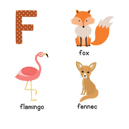 Letter F. Cute animals. Flamingo Fennec Fox. Funny cartoon animals in vector. ABC book.のイラスト素材