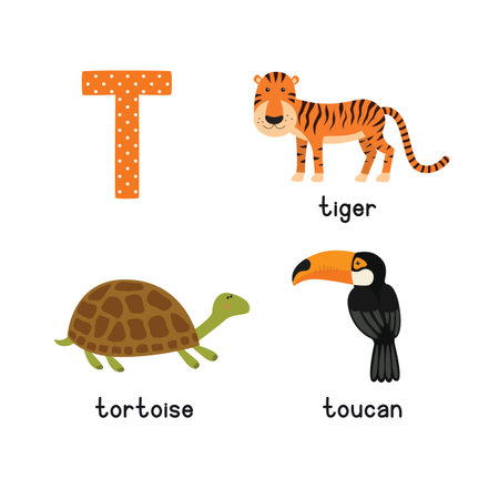 Cute zoo alphabet in vector.T letter. Funny cartoon animals: Tiger, Toucan,Tortoiseのイラスト素材