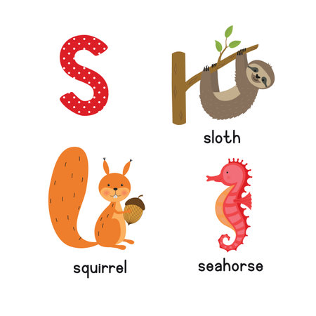 Cute zoo alphabet in vector.S letter. Funny cartoon animals: seahorse, squirrel, sloth.のイラスト素材