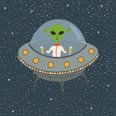 Cartoon Alien in Flying Saucerのイラスト素材