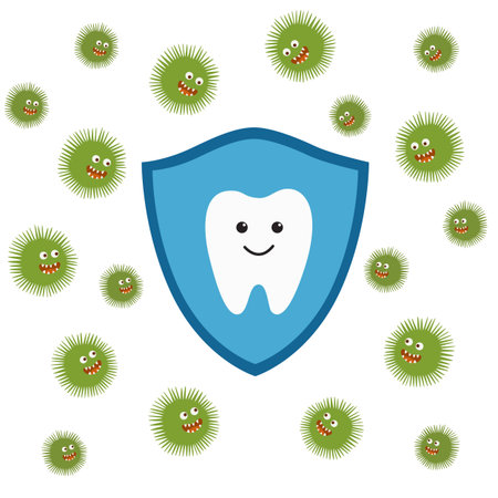 Tooth character in protective shield. Germs characters attack.のイラスト素材