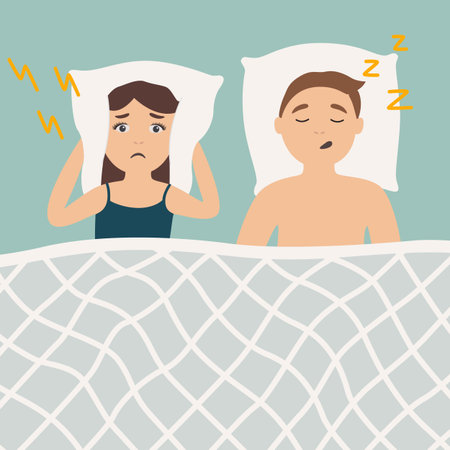 Snoring man in bed with angry awaken woman. Sleeping problems. Unhealthy lifestyle.のイラスト素材