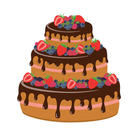 Cake with chocolate and berries. Vector illustration isolated on white background flat style.