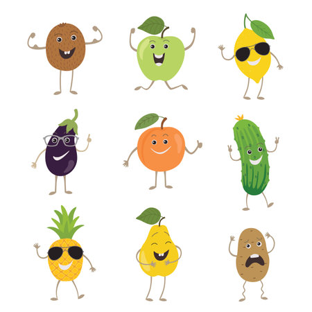 Funny fruits and vegetables with hands kicking eyes and emotions set. Vector illustration isolated on white backgroundのイラスト素材