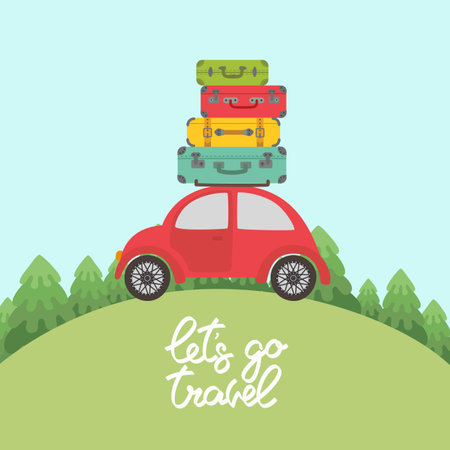 Red car with luggage on the roof for long vacation road tripのイラスト素材