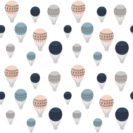 retro air balloons seamless pattern, colorful vector illustration, ready to use design for different surfaces, fabric, home decor, paper, party invitations, covers, etcのイラスト素材