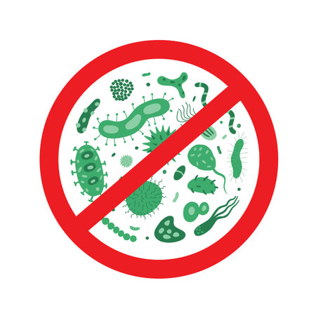 Antibacterial and antiviral defence icon. Stop bacteria and viruses prohibition sign. Antiseptic.のイラスト素材