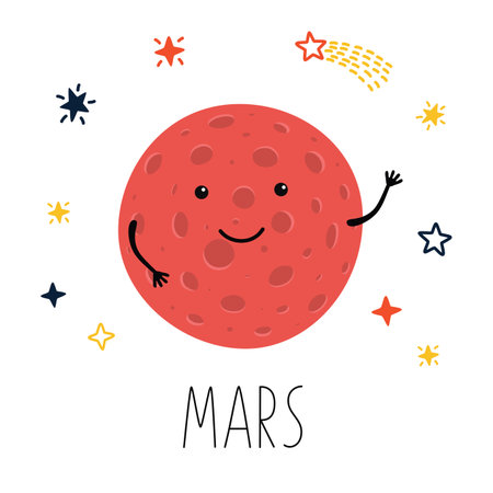 Cute planet Mars. Planet with hands and eyes. Vector illustration for children on white isolated background . Cute print for baby products.のイラスト素材
