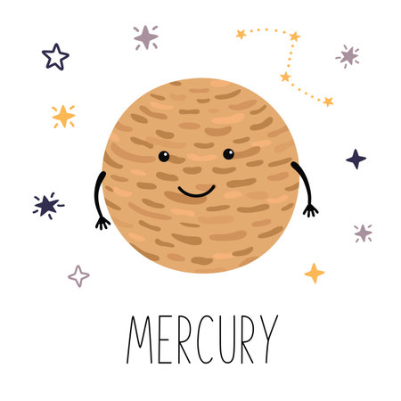 Cute planet Mercury. Planet with hands and eyes. Vector illustration for children on white isolated background . Cute print for baby products.のイラスト素材