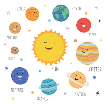 Vector illustration of cute cartoon solar system on white isolated background. Cute planets with funny smiling faces. Solar system with cute cartoon planets. Funny universe for kids , sun, pluto, mars, mercury, earth, venus, jupiter, saturn, uranus, neptune. Hand drawn design print, posterのイラスト素材