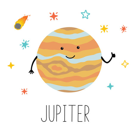 Vector cartoon funny illustration of planet smiling happy Jupiter in cartoon style on space star sky. Poster for children room, education. Hand drawn lettering nameのイラスト素材