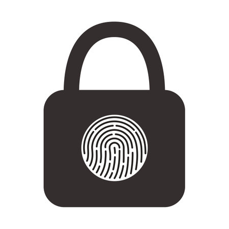 Icon of a hinged lock with a fingerprint scanner for its opening. Vector illustration on white isolated background.のイラスト素材