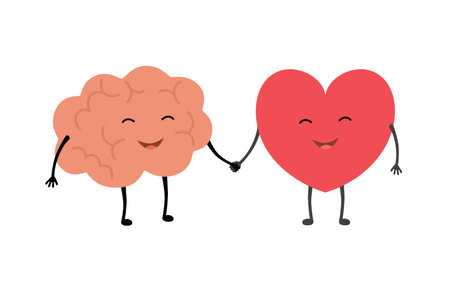 Brain and heart friends forever. Vector concept illustration of teamwork between mind and feelings. Flat design linear infographic icon on white backgroundのイラスト素材