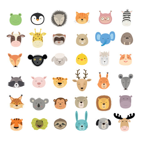 Big set of cute animal faces. Hand drawn characters. Vector illustration isolated on white background. Frog hedgehog cat zebra beaver llama lynx hippo elk tiger and otherのイラスト素材
