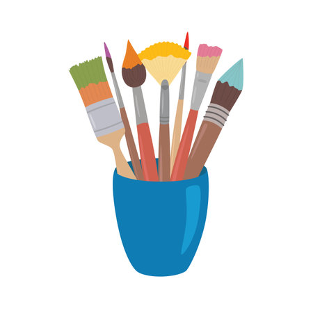 Paint brushes with colored paint in cup. Cartoon style design element for artist workplaceeinterior, school class, desk top. Vector illustration on white isolated backgroundのイラスト素材