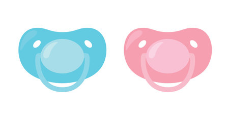 Child pacifier. Baby nipple set, blue and pink. Baby care equipment. Vector illustration on white isolated backgroundのイラスト素材