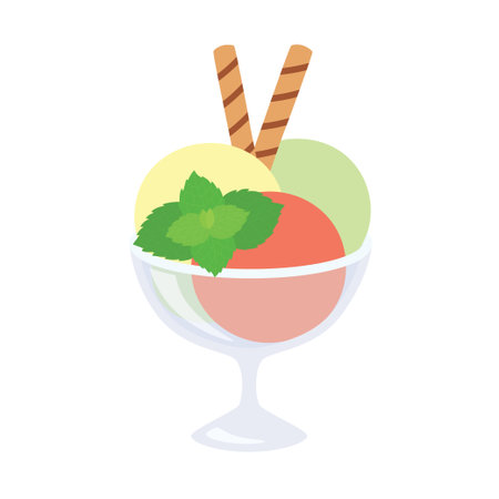 Ice cream in a glass with mint and waffle tubes. Vector illustration on white isolated backgroundのイラスト素材