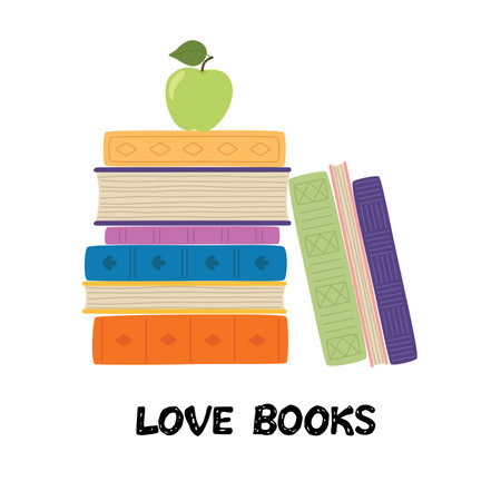 Love books. Stack of books with apple. Pile of books vector illustration. Icon stack of books in flat style.のイラスト素材