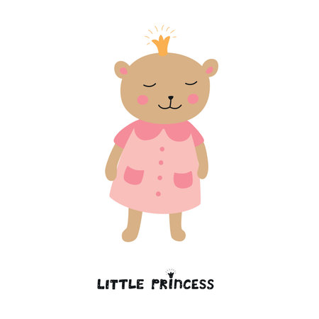 Cute bear girl with crown. Little Princess slogan. Vector illustration isolated on white background for kidsのイラスト素材