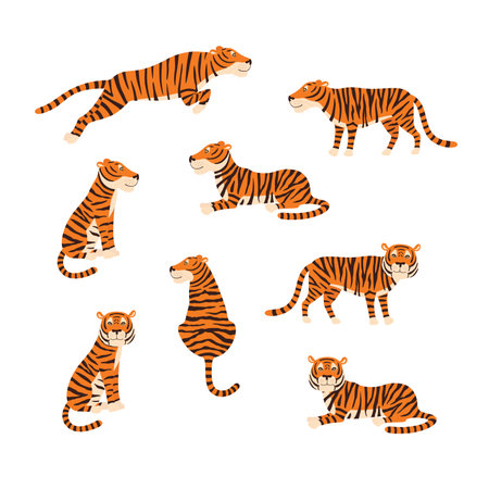 Powerful tiger in different actions set of cartoon vector Illustrations on a white backgroundのイラスト素材