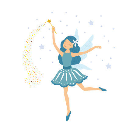 Cute blue fairy in flight with a magic wand. Vector illustration isolated on white background.のイラスト素材