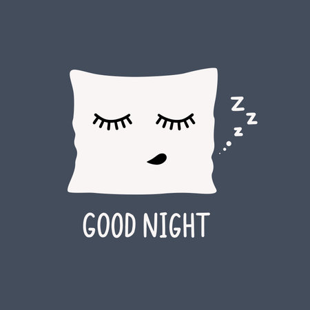 Cartoon funny pillow with closed lashes sleeping zzz. Hand drawn text good night. Vector illustration. Can be used for poster, postcard, pillow, bag, apparel design.のイラスト素材