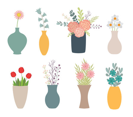 Set of flowers in vases on whiteのイラスト素材