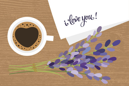 Bouquet and a cup of coffee. Lavender flowers and a cup of coffee. Coffee and a note i love you.のイラスト素材