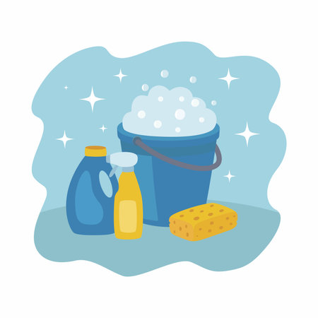 A set of cleaning products. Illustration with blue plastic bucket, sponge and detergents.のイラスト素材