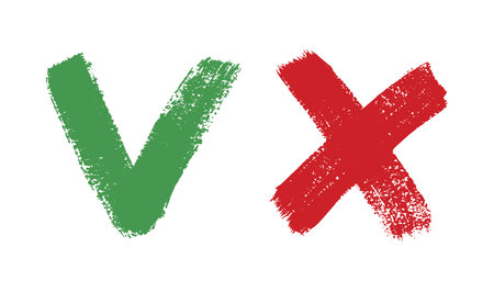 Do and Dont simple icons, freehand brush strokes. Green check mark and red cross, used to indicate rules of conduct or response versions.のイラスト素材