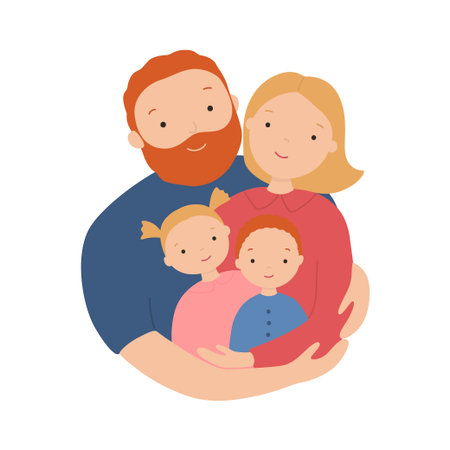 Happy family. Father, mother, son and daughter hug together. Vector illustration of a flat designのイラスト素材