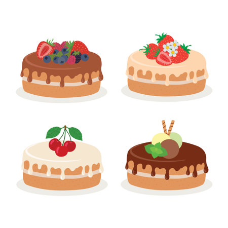 Cakes collection. Vector illustration of different types of beautiful modern cakes.のイラスト素材
