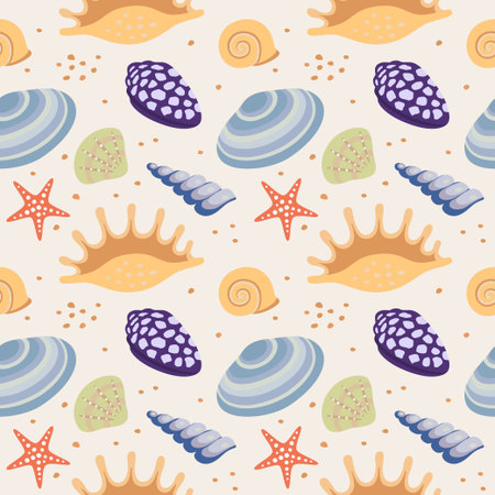 Seamless repeat pattern with seashells. Vector illustrationのイラスト素材