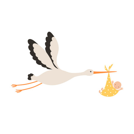 Stork and baby. Vector illustration isolated on white backgroundのイラスト素材
