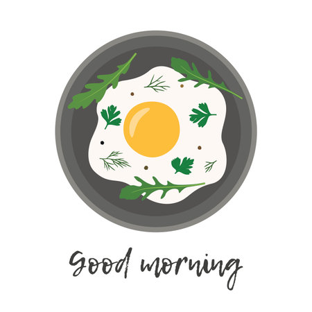 Fried eggs with herbs. Breakfast scrambled eggs.のイラスト素材
