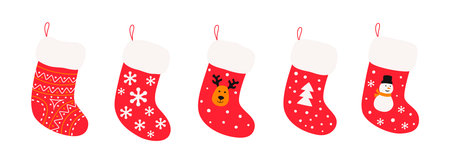 Cute Christmas Socks set. Vector cartoon Illustrationのイラスト素材