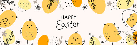 Easter banner. Fashionable Easter design with typography, hand-drawn chickens and eggs. Horizontal poster, greeting card, website headerのイラスト素材