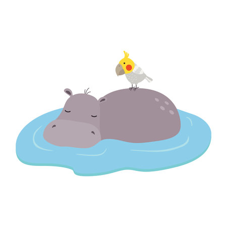 Cute hippo and parrot in the water. Vector illustrationのイラスト素材