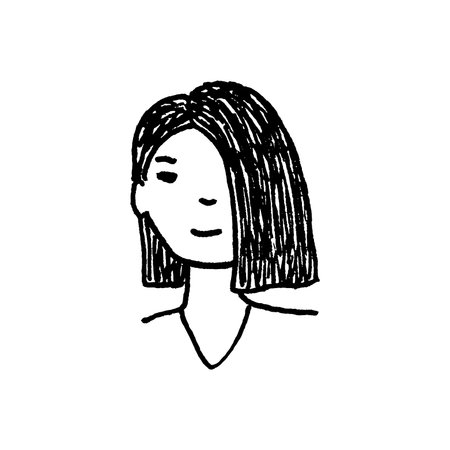 Hand drawing of cute face girl. Black and white minimal style doodle.のイラスト素材