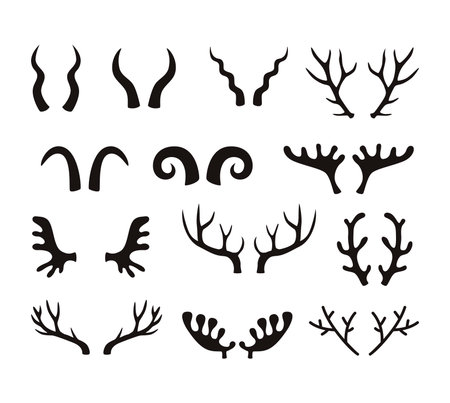 Animal horns silhouettes, antelope, ram, goat, buffalo horn. Deer antlers, hunting trophy, wild animals horn and antler silhouette vector set.のイラスト素材