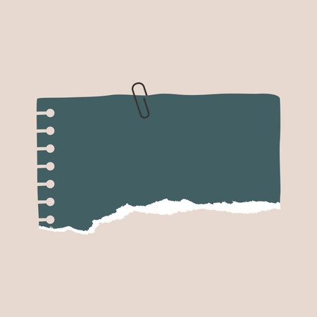 Note paper with pin, binder clip. Blank sheet, torn piece of paper and notebook page. Templates for a note message.のイラスト素材