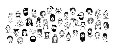 Set of people faces hand drawn in doodle style. Black lines and silhuette. Social network concept.のイラスト素材