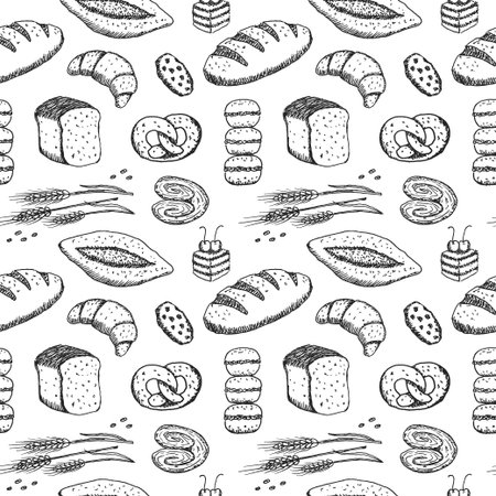 Hand drawn seamless pattern of bread and bakery products. Baked goods background.のイラスト素材